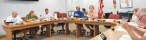 Looking on during Monday’s meeting of the Gibson City Council are, from left: Alderman Ray Hankes, Alderman Susie Tongate, Alderman Randy Wyant, City Clerk Carla McGrew, Mayor Dan Dickey, Alderman Laura Miller and Alderman Denis Fisher. Not pictured but present were Aldermen Scott Davis and Sarah Sarantakos. Mindy Basi/Ford County Chronicle