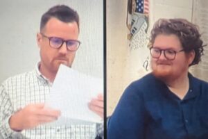 Ford County Board Chairman Chase McCall of Gibson City, left, and Vice Chairman Carson Vaughn of Paxton look on during Monday’s meeting, as broadcast live online. Screenshot by Will Brumleve/Ford County Chronicle