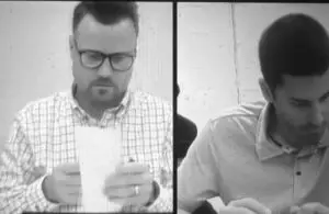 Ford County Board Chairman Chase McCall of Gibson City, left, and board member Greg Niewold of rural Loda, chairman of the board’s farm committee, look on during Monday’s meeting, which was broadcast live online. Screenshot by Will Brumleve/Ford County Chronicle
